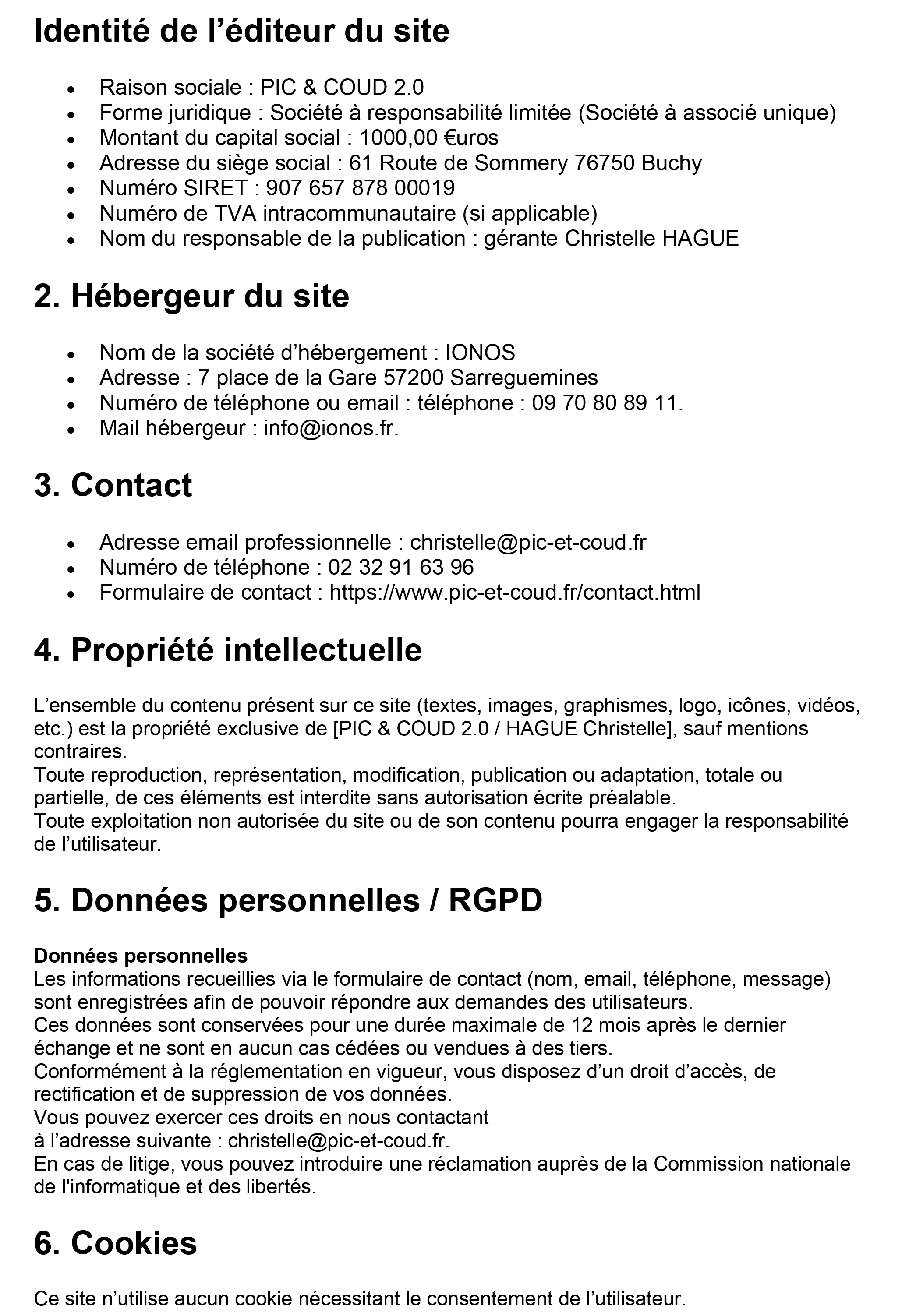 Mentions légales de Pic et Coud 2.0